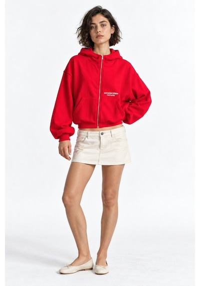 Hiccup Fermuarlı Kapüşonlu Sweatshirt Kırmızı