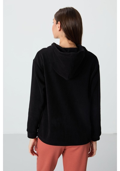 Tommy Life Siyah Kalın Yumuşak Dokulu Kapüşonlu Oversize Nakışlı Polar Kadın Sweatshirt - 97292 Siyah
