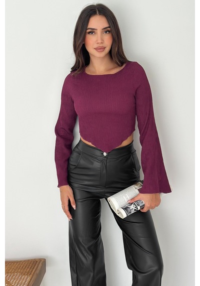 Noa & Noa İspanyol Kol Ribanalı Sivri Etek Uçlu Crop Bluz Modern & Vücuda Oturan Stil Bordo