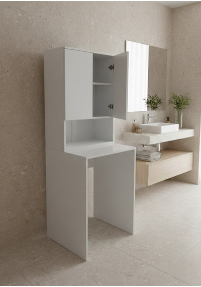 Tuna Çamaşır Makinesi Dolabı, Alt Üst Set, Kapaklı, Banyo Dolabı Beyaz Beyaz