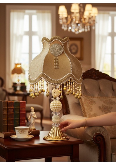 Gold Kadife Kaplı El Yapımı Broşlu Başlık Altın İnci Ayaklı Klasik Model Vintage Abajur