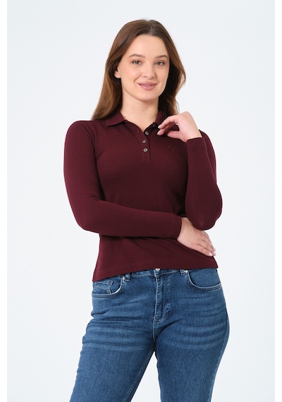 Msw Kadın Uzun Kollu Regular Fit Polo Yaka T-shirt Koyu Bordo