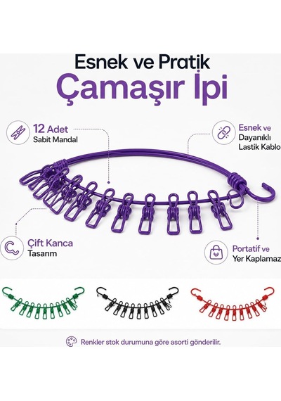 Sogud Çamaşır Asma İpi, 12 Mandallı Portatif Seyahat Çamaşır İpi, Taşınabilir Elastik Kurutma Askısı, Kamp Diğer