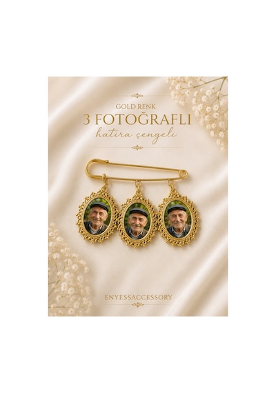 Kişiye Özel 3 Fotoğraflı Hatıra Çengeli - Gold Anı Çengeli Altın Altın
