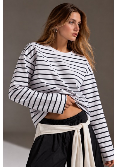 Wild Bee Kadın Siyah Beyaz Çizgili Pamuklu Bisiklet Yaka Oversize Bluz