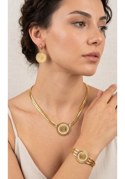 Gerdanlıklı Atatürk Gold Çelik Takı Seti Gümüş - Rose Gold