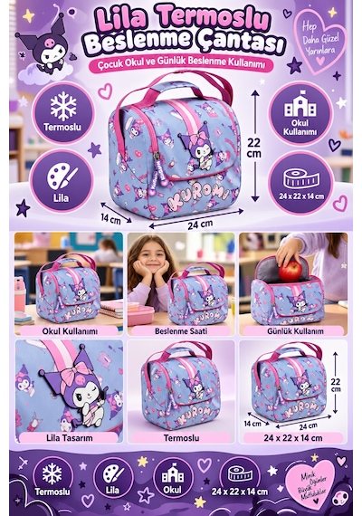 Kuromi Lila Termoslu Beslenme Çantası Çocuk Okul Yemek Çantası Günlük Kullanım 24x22x14 Cm Çok Renkli