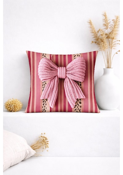 3d Pembe Triko Fiyonk Detaylı Çizgili Dekoratif Kırlent Kılıfı 45x45 Cm