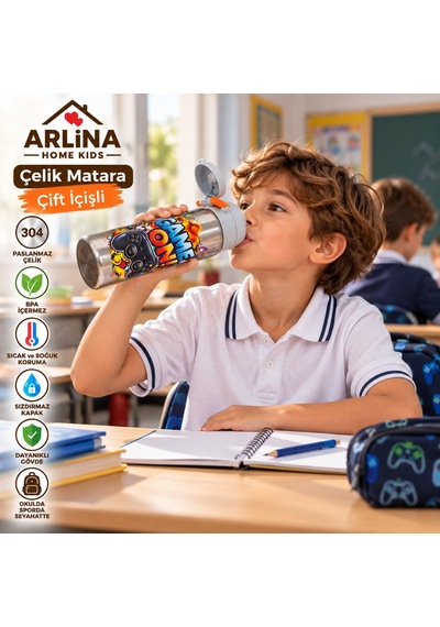 304 Paslanmaz Çelik Termos Çift İçim Modlu Kilit Kapaklı Çocuk Matarası 600 Ml Turuncu