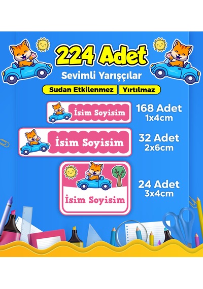 Sevimli Yarışçı Temalı Okul Kreş Kişiye Özel İsim Etiket Seti - Model 270 Çok Renkli