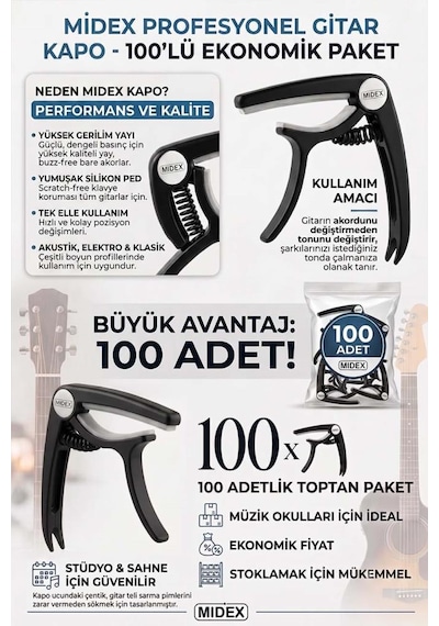 Midex Lct-90bk-100x Kapo 100'lü Toptan Capo Gitar Bağlama