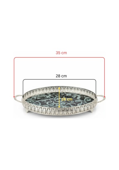 3 Adet Gümüş Renk Vav Desen Metal Çerçeveli Cam Nişan-servis Tepsi Seti 28 19 Cm Gümüş