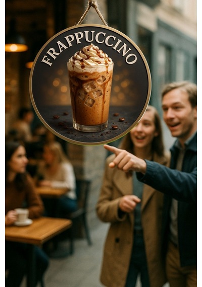 Frappuccino Temalı Yuvarlak Cafe Tabelası, Jüt İpli Ahşap Duvar & Kapı Dekoru, Barista Tarzı Süs