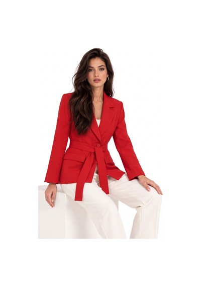 Saade Kırmızı Kadın Tek Düğmeli Dokuma Kruvaze Blazer Ceket - Kuşaklı