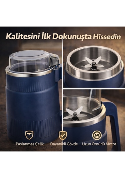 Polham Süper Güçlü Motor 500 Ml Paslanmaz Çelik 8 Bıçaklı Kompakt Baharat, Bakliyat Ve Kahve Öğütücü Mavi