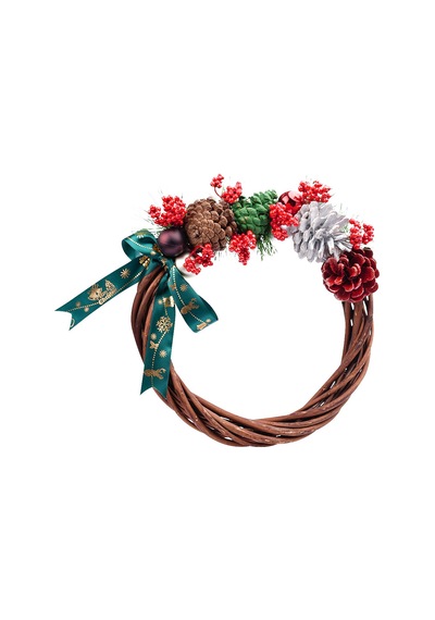 Yılbaşı Kırmızı Naturel Kapı Süsü Çelenk 25 Cm