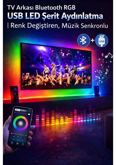 Tv Arkası Bluetooth Rgb Led Şerit Müzik Senkronlu Uygulama Kontrollü Usb Led Aydınlatma 5 Metre Çok Renkli