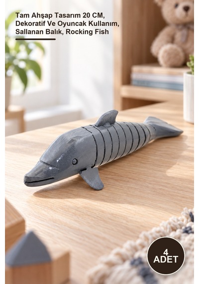 4 Adet Ahşap Salanan Balık Tam Ahşap Tasarım 20 Cm, Dekoratif Ve Oyuncak Kullanım, Sallanan Balık, Rocking Fish