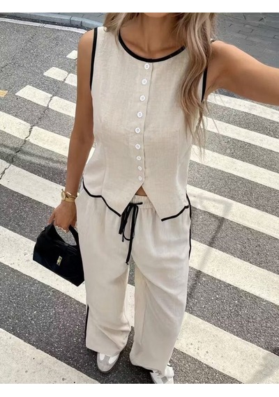 Efnaz Style Kadın Kolsuz Önü Düğmeli Yelek Ve Pantolon Ikili Takım Bej
