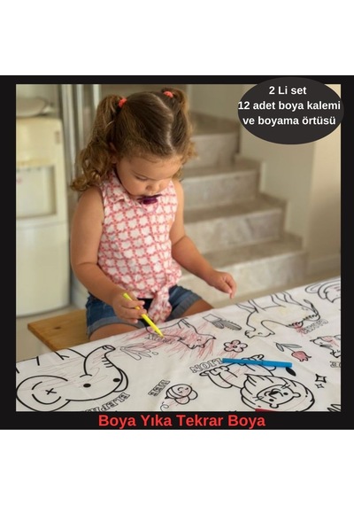 Boyama Örtüsü Makinada Yıkanabilir Boyama Seti 12li Boya İle.