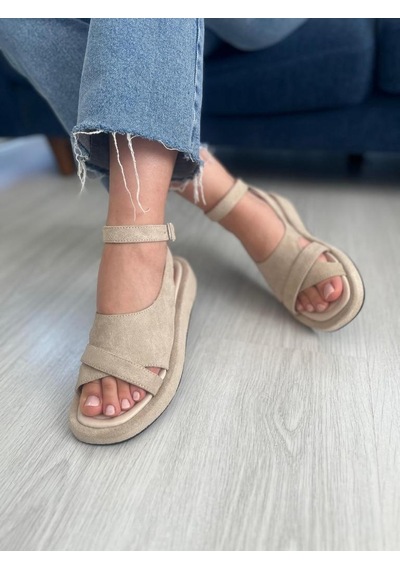 Bej Kadın Bilekten Bağlamalı Süet Düz Sandalet Alisa 001