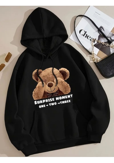 Medinenur Surprıse Baskılı Yumuşacık İçi Yünlü Sweatshirt Siyah