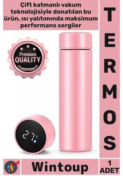 Termos Sızdırmaz Vakumlu Akıllı Led Ekranlı Dijital Sıcaklık Göstergeli Outdoor Çelik Termos Pembe Çok Renkli