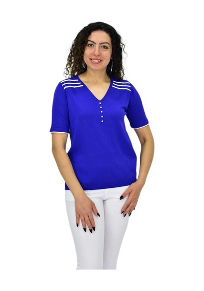 Kadın Yarım Kol V Yaka Taşlı Triko Tişöt 12857 Bgl-st04656 Saks Mavi Kadın Yarım Kol V Yaka Taşlı Triko Tişöt 12857 Bgl-st04656 Saks Mavi