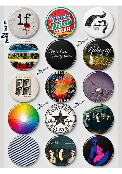 Trend-13 Indie Rock Temalı Rozet Seti 44 Mm Çanta Ceket Yaka Rozeti-15 Adet Çok Renkli
