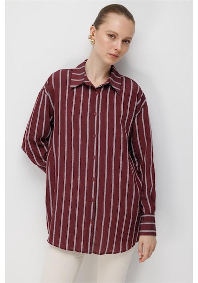 Mizalle Çizgili Oversize Mürdüm Viskon Gömlek