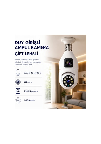 Çift Kameralı 4k Full Hd Hareket Sensörlü, 360 Döner Başlıklı Güvenlik Kamerası -1768