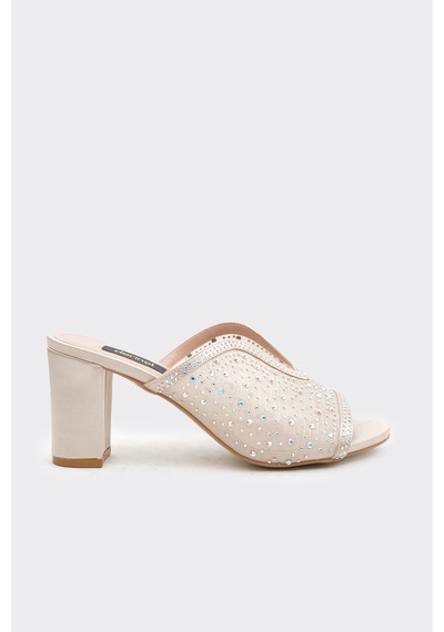 Derinet Taşlı Kadın Topuklu Abiye Terlik Altın Altın