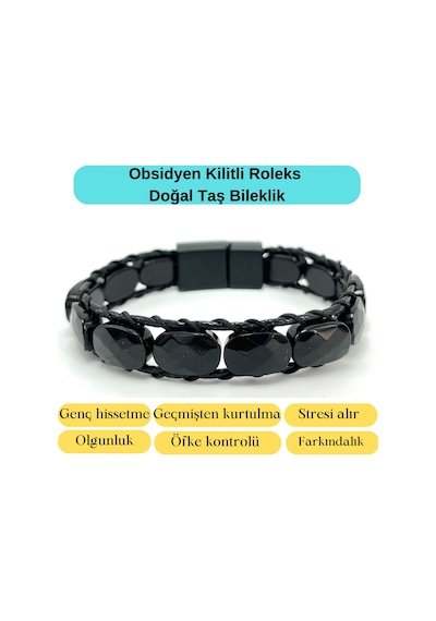 Sertifikalı Obsidyen Kilit Kapama Roleks Doğal Taş Deri Bileklik Siyah
