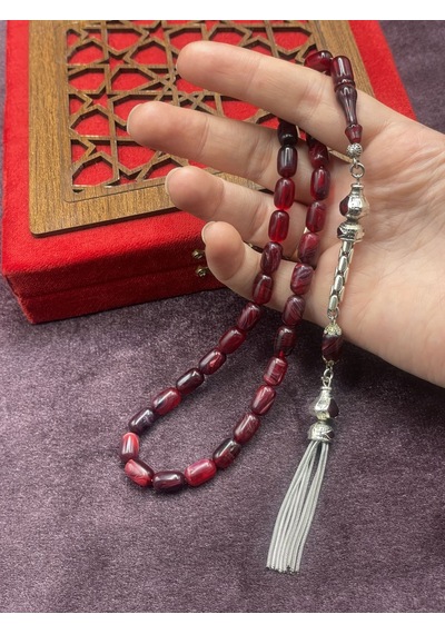 Alpaka Zincir Püsküllü Sıkma Kehribar Tesbih Bordo, 7x11 Mm