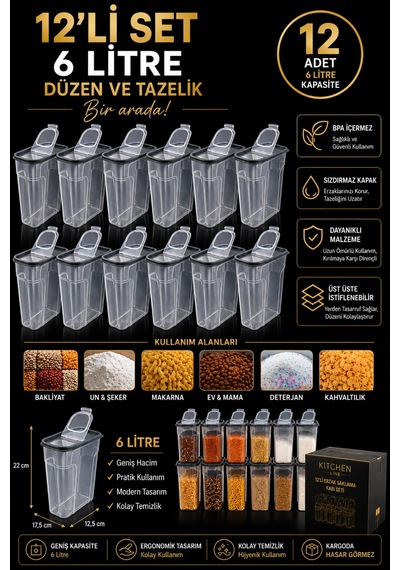 12 Adet 6 Litre Erzak Saklama Kabı Gri Kapaklı, Pratik Dökme Kapaklı, İstiflenebilir Büyük Boy Organizer Şeffaf
