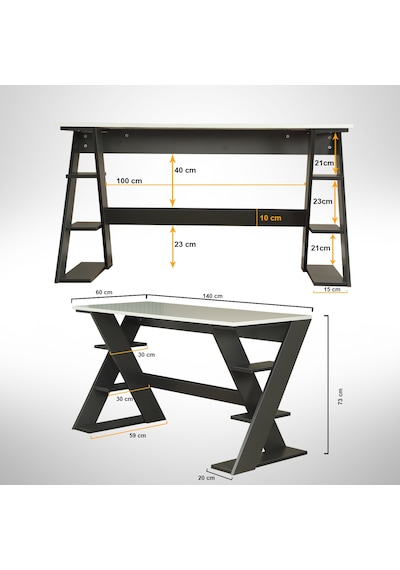 Pasific Home Lungo Raflı Çalışma Masası, Ofis Masası, 60X140 Cm, Antrasit&Beyaz Antrasit  -  Beyaz