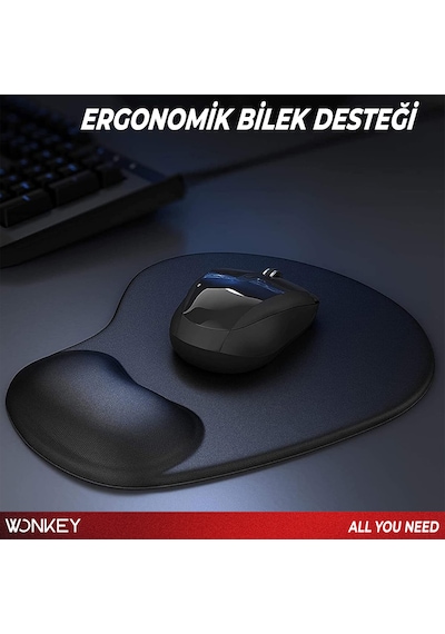 Wonkey - Bilek Destekli Mouse Pad, Memory Foam Hafızalı Süngerli Ergonomik Fare Altlığı, Kaymaz Tabanlı Mousepad, Ofis, Bilgisayar Ve Laptop Kullanımına Uygun Masa Pedi Siyah