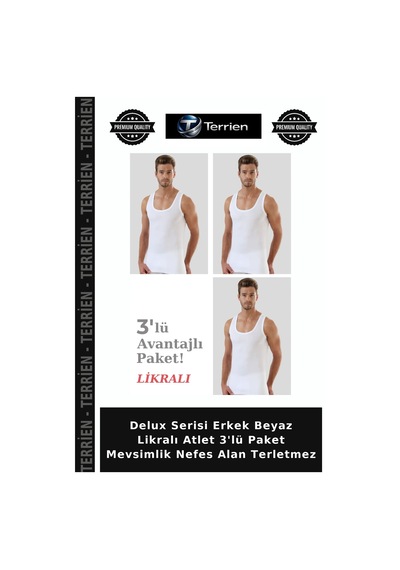 Terrien Delux Serisi Erkek Beyaz Likralı Atlet 3'lü Paket Mevsimlik Nefes Alan Terletmez