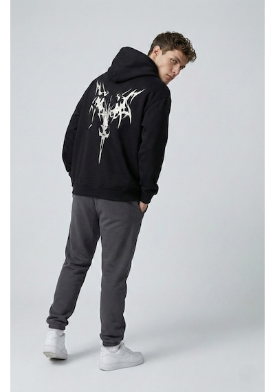 Nevermind Unisex Oversize Hoodie Grafik Sembol Baskılı Siyah