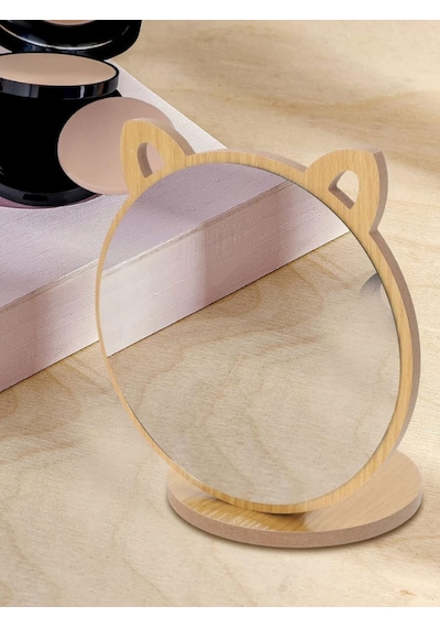 Kedi Ayna Ahşap Standlı Masa Üstü Makyaj Aynası Make Up 19cm