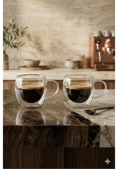 2'li Türk Kahvesi Bardağı Kuplu Espresso Bardağı Çift Cidarlı 80 Ml Şeffat