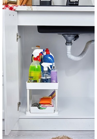 Beyaz 2 Katlı Sürgülü Dolapiçi Mutfak Banyo Dolap Tezgah Altı Evye Altı Beyaz Krom