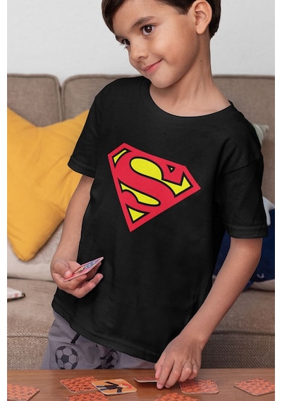 Sevbano Süperman Logo Baskılı Unisex Film Kahramanı Çocuk Tişört 1-12 Ya SIYAH