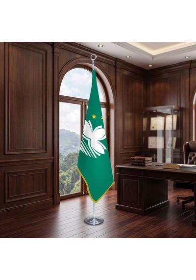 Macau Devleti Direkli - Altın Saçaklı Saten Makam Bayrağı Seti Krom Direk Diğer