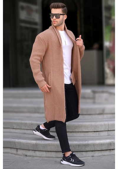 Madmext Camel Dik Yaka Cepli Uzun Triko Hırka 6816-camel Camel