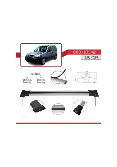 Citroen Berlingo 2003-2008 Arası İle Uyumlu Fly Model Ara Atkı Tavan Barı Gri
