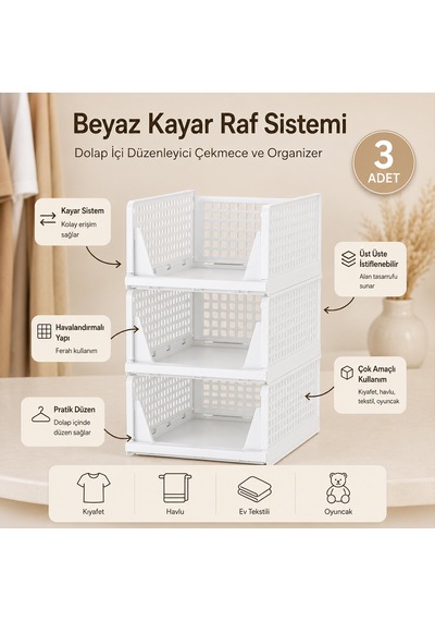 3 Katlı Portatif Organizer - Çok Amaçlı Kayar Raf 18.5x33.5x43cm Toplam 55.5cm Renkli