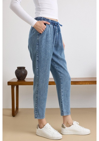 Olcay Bağcık Detaylı Beli Lastikli Soft Denim Pantolon Mavi 7586