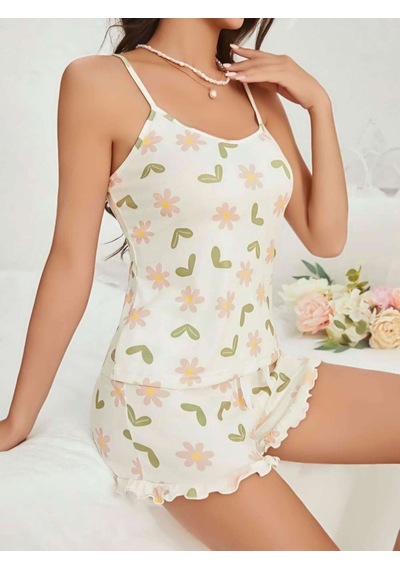 Kadın Ekru Çiçek Baskılı Şortlu Gecelik Pijama Takımı 5047 Beden / Renk: S/m / Ekru Diğer