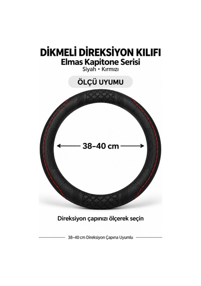 Trobus Peugeot 206 1998-2010 Uyumlu Dikmeli Direksiyon Kılıfı Elmas Kapitone Siyah Kırmızı Siyah - Kırmızı